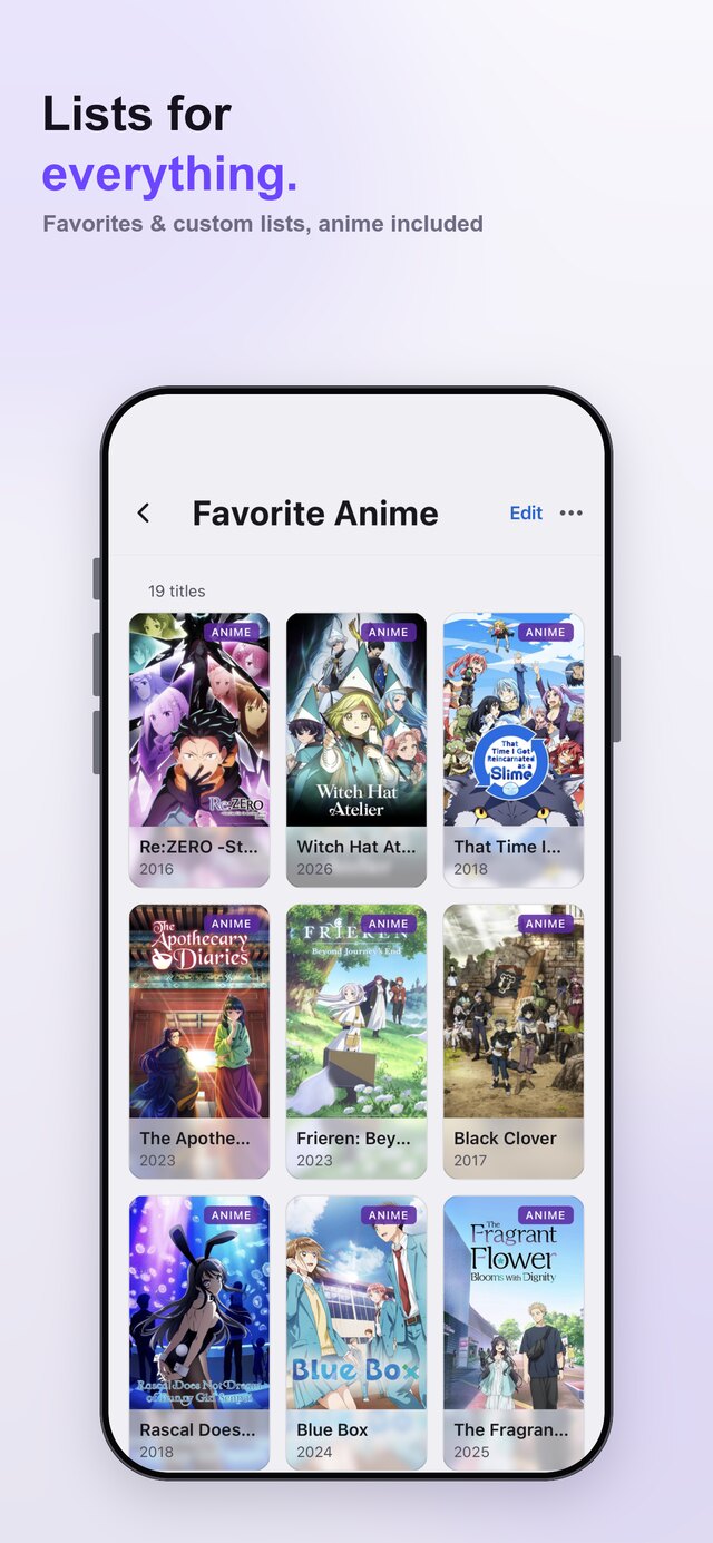 Anime & custom lists — favorites and lists for everything, anime included