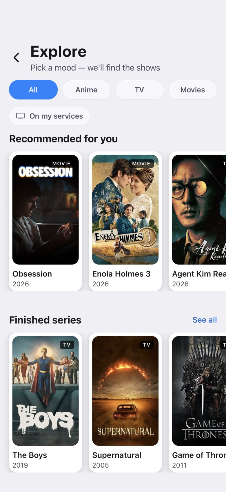 Explore in MiraTe — mood lenses, media-type pills, on-my-services filter, finished series